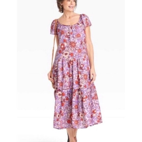 Knox Rose Flowy Lined Maxi Dress Size XXL 2XL Purple Floral Boho Flutter Sleeve - Picture 1 of 10